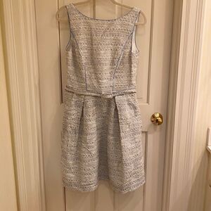 Theia Cream Tweed A-line Sleeveless Blue Dress